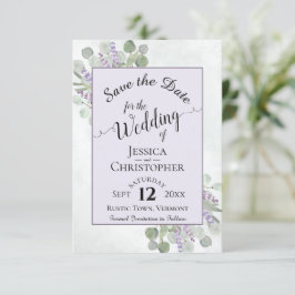 Reserva La Fecha Boda morado por caligrafía de eucalipto y lavanda