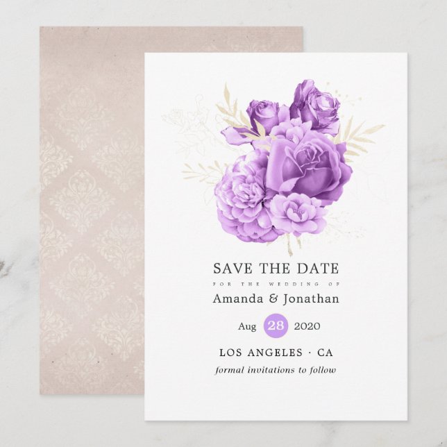 Reserva La Fecha Boda morado y floral de marfil (Anverso / Reverso)