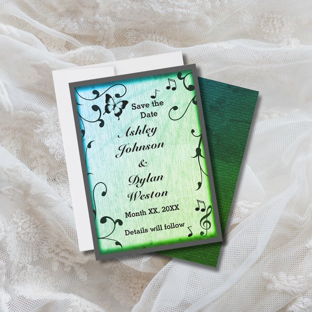 Reserva La Fecha Boda Música Mariposa Hojas Madera Verde (Music Butterfly Leaves Green Wood Wedding Save The Date)