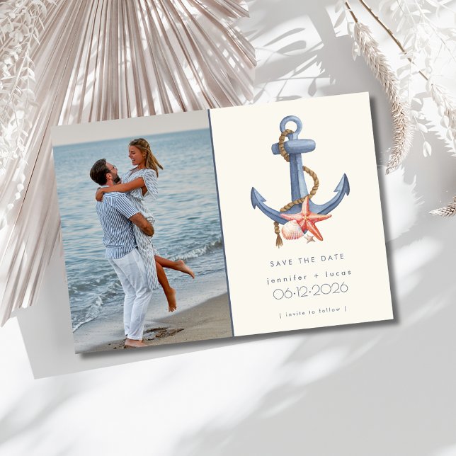Reserva La Fecha Boda Nautical Blue Anchor Photo Beach (Nautical Blue Anchor Photo Beach Wedding Save The Date)