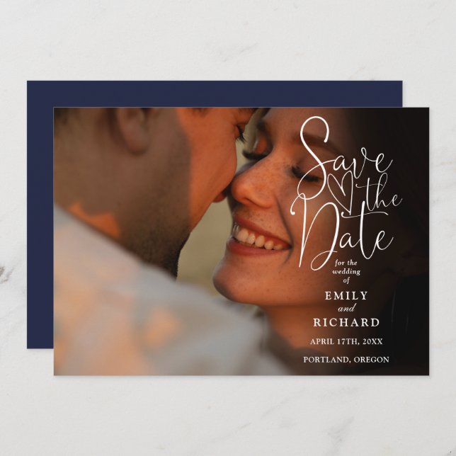 Reserva La Fecha Boda Navy Blue 2 Photo Elegant Script (Anverso / Reverso)