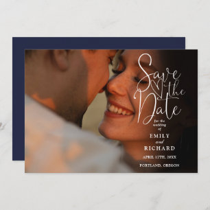 Reserva La Fecha Boda Navy Blue 2 Photo Elegant Script