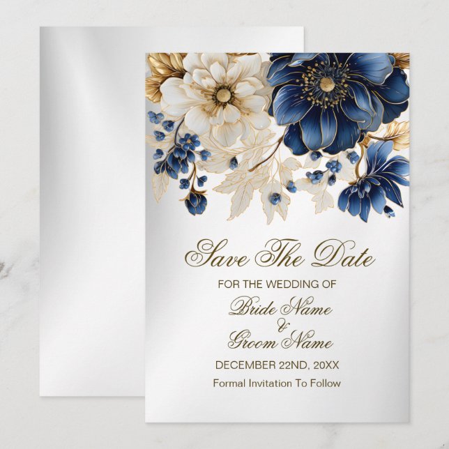 Reserva La Fecha Boda Navy Blue White Golden Floral Silver (Anverso / Reverso)