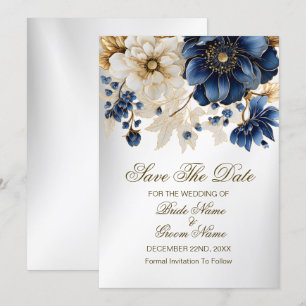 Reserva La Fecha Boda Navy Blue White Golden Floral Silver