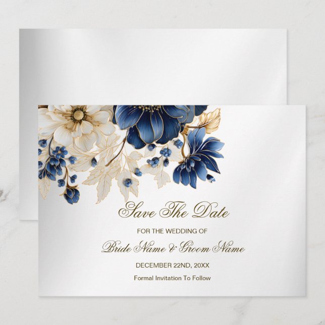 Reserva La Fecha Boda Navy Blue White Golden Floral Silver (Anverso / Reverso)