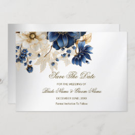 Reserva La Fecha Boda Navy Blue White Golden Floral Silver