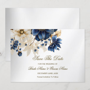 Reserva La Fecha Boda Navy Blue White Golden Floral Silver