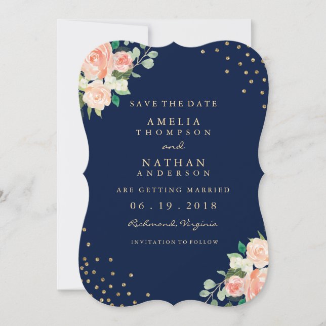 Reserva La Fecha Boda Navy Gold Floral Confetti Ahorra La Fecha (Anverso)