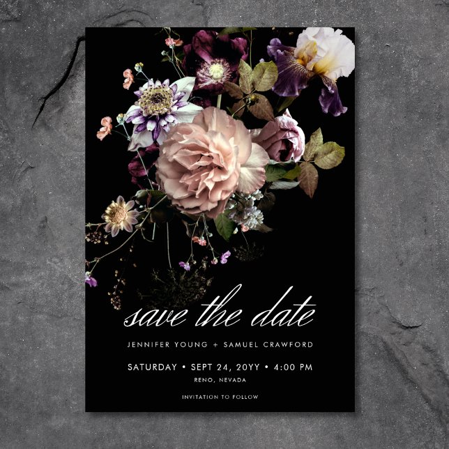 Reserva La Fecha Boda negro de color negro oscuro de Moody Pastel O (Dark Moody Pastel Opulent Floral Black Wedding Save the Date Card)