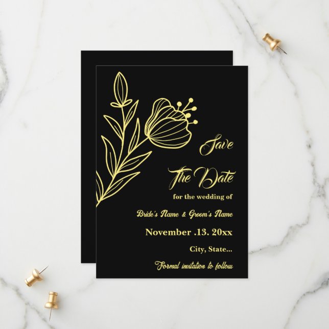 Reserva La Fecha Boda negro de flor dorada elegante romántica (Anverso/Reverso In Situ)