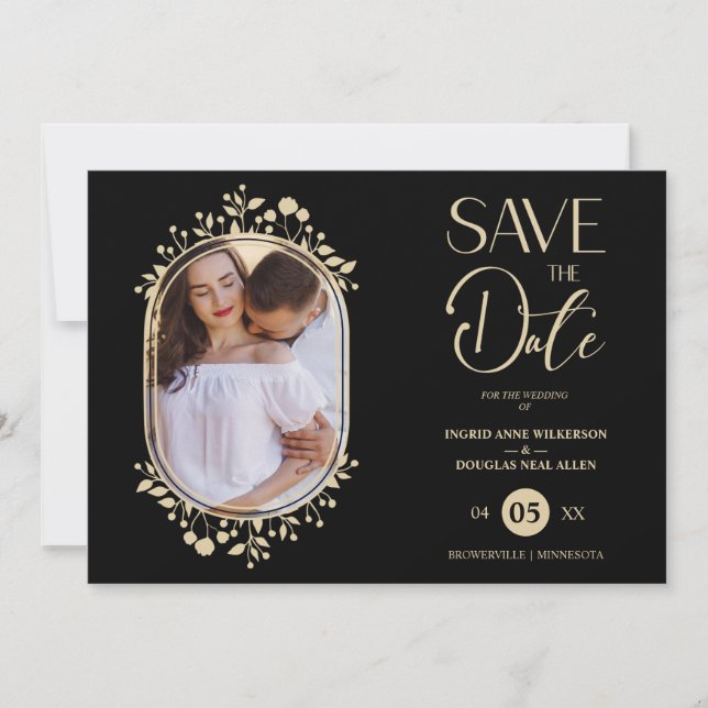 Reserva La Fecha Boda negro Fancy Ornament Frame Flowers Photo (Anverso)