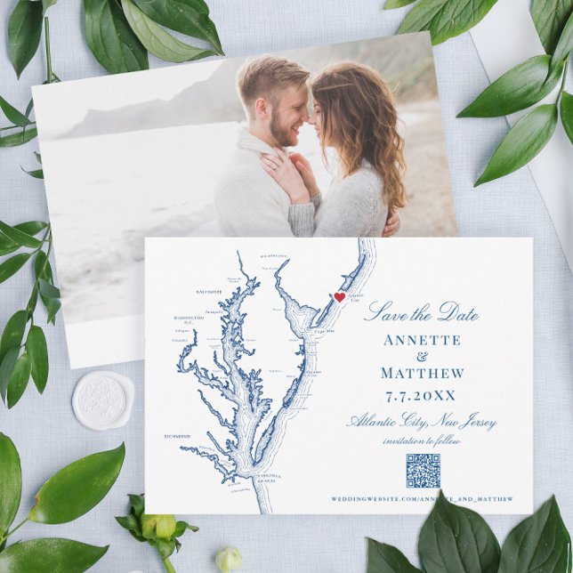Reserva La Fecha Boda NJ de Atlantic City elegant Navy código QR (These Atlantic City New Jersey save the dates with QR code are perfect for your destination wedding)
