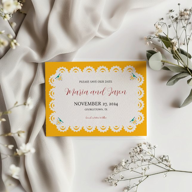 Reserva La Fecha Boda Nuestra Boda (Mexican Papel Picado Yellow Nuestra Boda Wedding Save The Date)