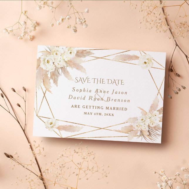 Reserva La Fecha Boda Oro Rosas Blancas Pampas Encantadoras (trendy save the date pampas grass white floral gold)