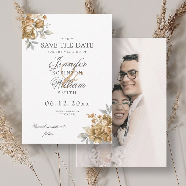 Reserva La Fecha Boda Oro Rústico Floral Foto Guardar Fecha (Wedding Gold Rustic Floral Photo Save Date Save The Date)