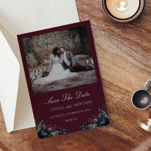Reserva La Fecha Boda oscuro gótico floral borgoña foto
