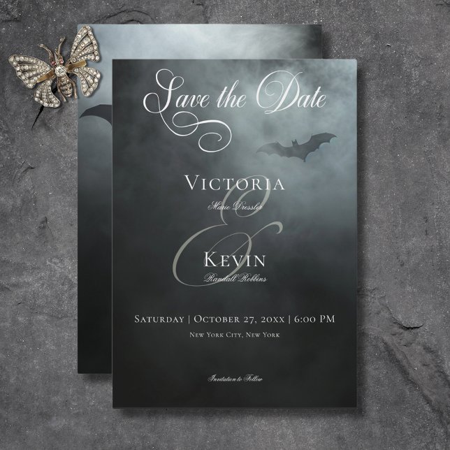Reserva La Fecha Boda Oscuro Moody Midnight Bat & Fog (Dark Moody Midnight Bat & Fog Wedding Save The Date)