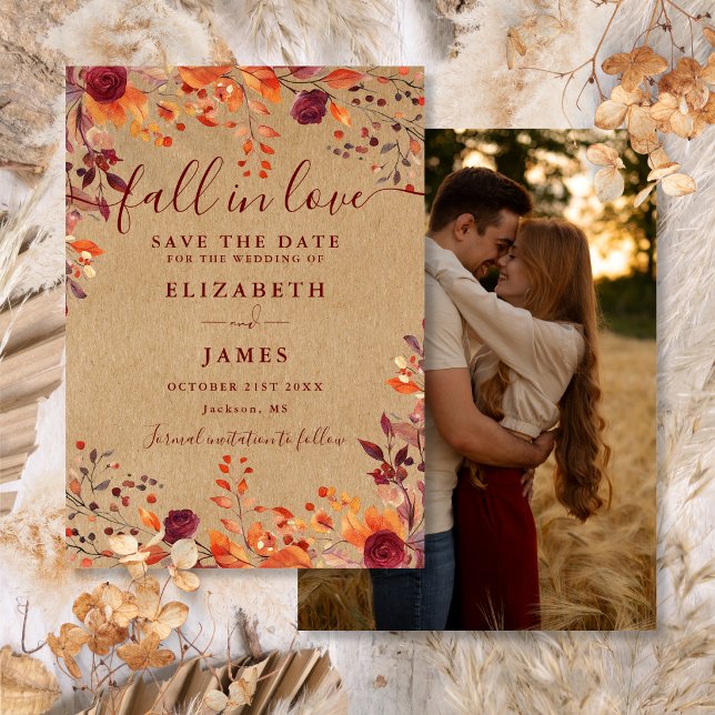 Reserva La Fecha Boda Otoño Burgundy Rústica Foto (Burgundy Rustic Fall Autumn Photo Wedding Save The Date)