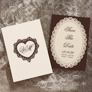Reserva La Fecha Boda Óvalo de Encaje Cremoso Marrón Oscuro Vintage