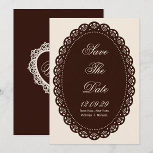Reserva La Fecha Boda Óvalo de Encaje Marrón Oscuro Vintage