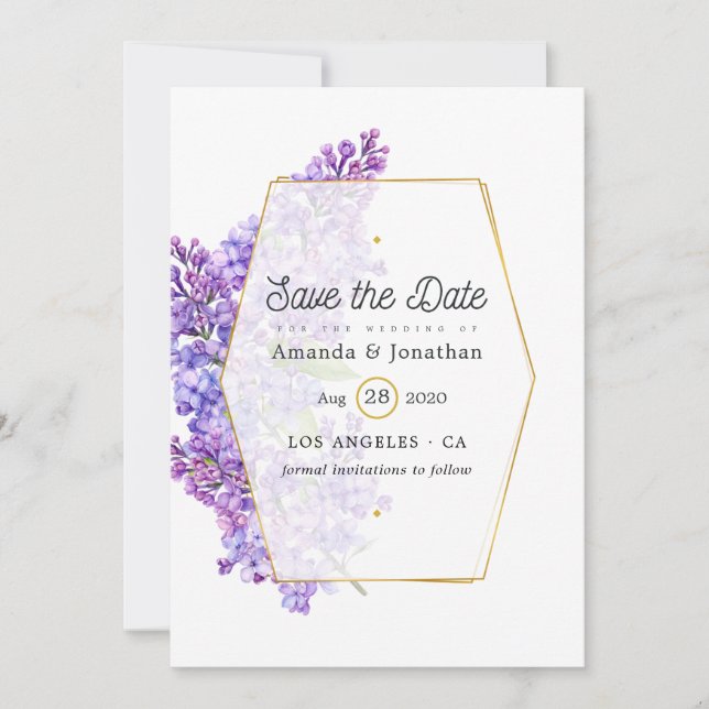 Reserva La Fecha Boda Pastel Violeta y Dorado Geométrico Herbarium (Anverso)