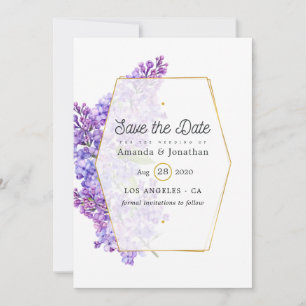 Reserva La Fecha Boda Pastel Violeta y Dorado Geométrico Herbarium