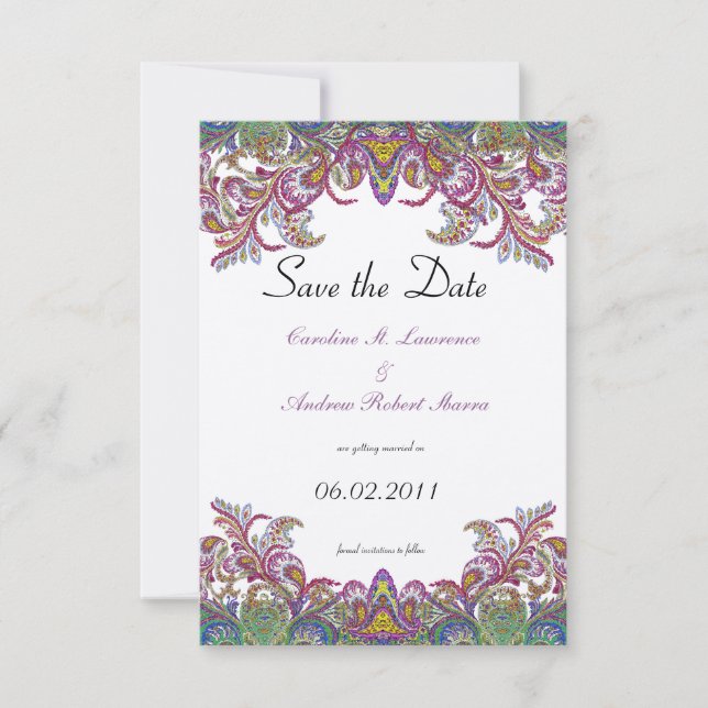 Reserva La Fecha Boda Peacock de Paisley Rosa y Verde (Anverso)