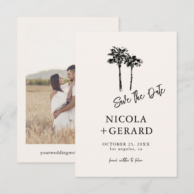 Reserva La Fecha Boda pequeño tropical del árbol de palmas dibujado (Anverso / Reverso)