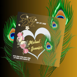 Reserva La Fecha Boda personalizada elegante con pluma de pavo real