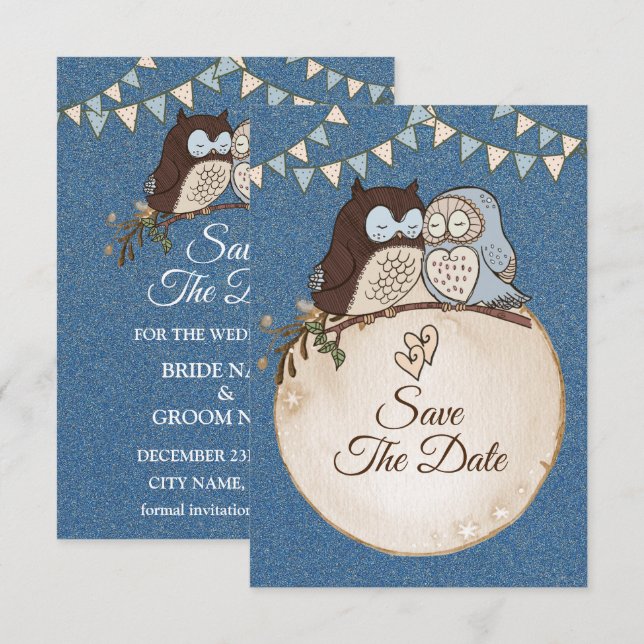 Reserva La Fecha Boda Preciosa Blue Brown Owl Glitter Save The  (Anverso / Reverso)