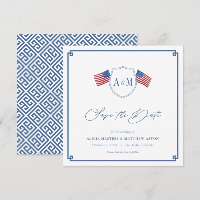 Reserva La Fecha Boda Preppy Estadounidense Rojo Blanco Azul (Anverso / Reverso)
