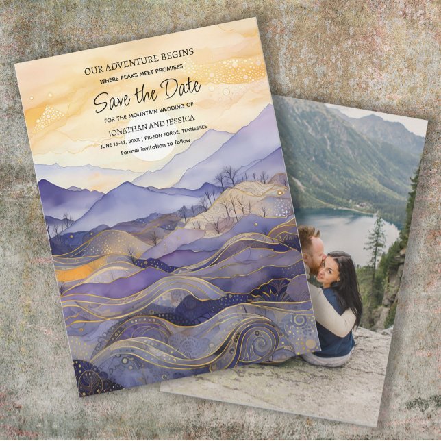 Reserva La Fecha Boda Purple Gold Mountain Foto Save Date (Purple and gold mountain wedding Save the Date photo card)