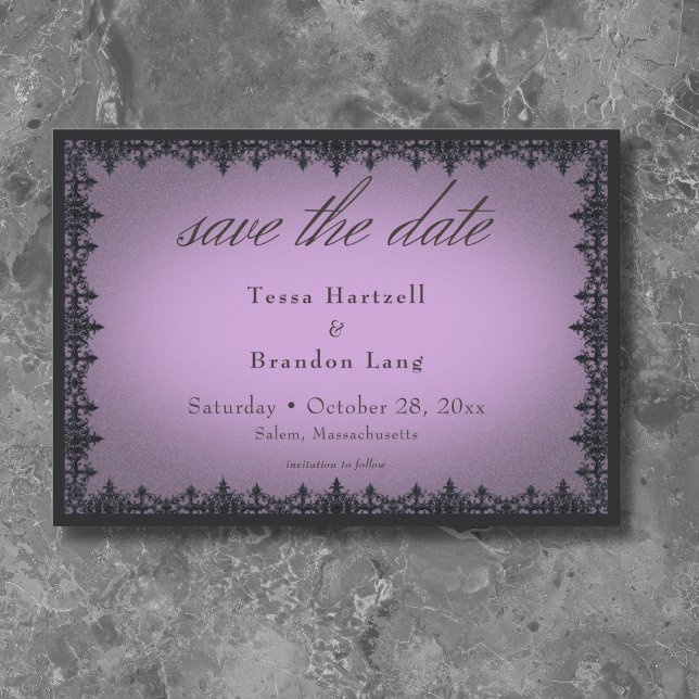Reserva La Fecha Boda púrpura de la frontera gótica de hierro victo (Victorian Gothic Iron Border Purple Wedding Save The Date)