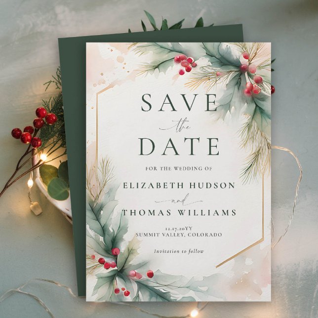 Reserva La Fecha Boda Red Elegant de Navidades de la Verdemia de In (winter christmas wedding save the date romantic modern watercolor greenery berries holly spruce)