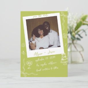Reserva La Fecha Boda Retro con Letra a Mano y Dibujos en Color Cha