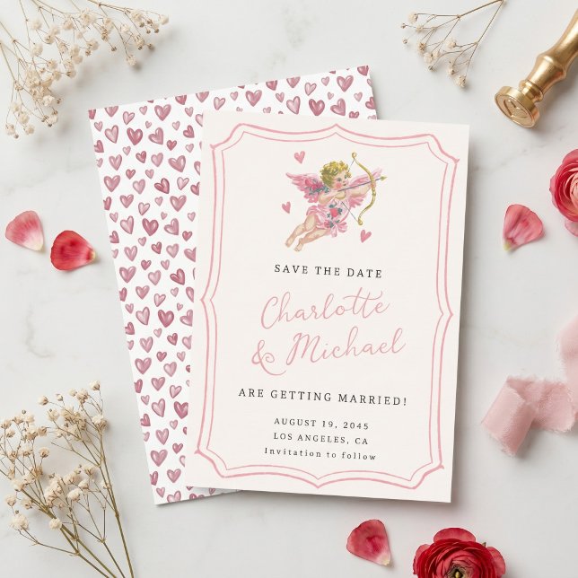 Reserva La Fecha Boda Retro Cupido Querubín Rosa Escrito a Mano (Subido por el creador)