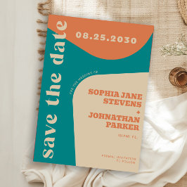 Reserva La Fecha Boda retro de los 70 en cian, naranja y beige