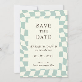 Reserva La Fecha Boda Retro Groovy Green Checkerboard