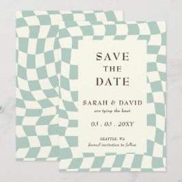 Reserva La Fecha Boda Retro Groovy Green Checkerboard