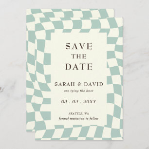 Reserva La Fecha Boda Retro Groovy Green Checkerboard