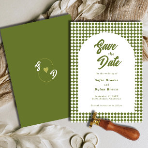 Reserva La Fecha Boda Retro Minimalista Verde Oliva Arco Ajedrez