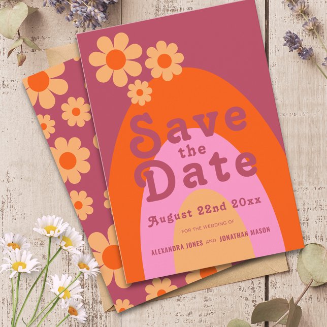 Reserva La Fecha Boda Retro Moderna (Retro daisy arch pink and orange groovy typography wedding save the date)