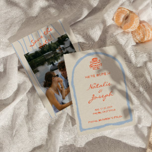 Reserva La Fecha Boda Retro Naranja Azul Dibujado a Mano Moderno