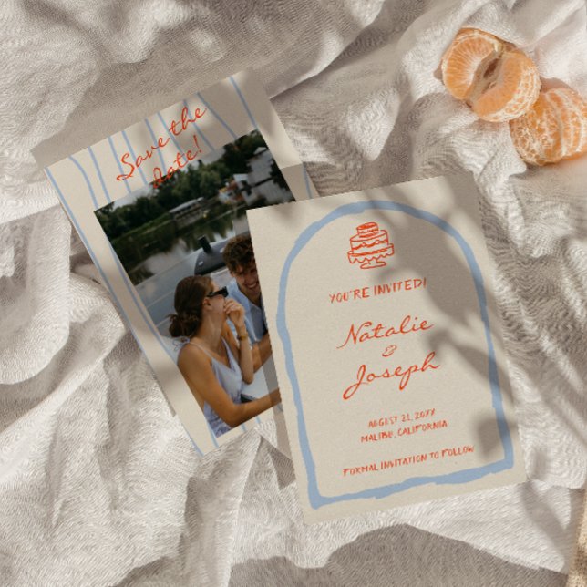 Reserva La Fecha Boda Retro Naranja Azul Dibujado a Mano Moderno (Subido por el creador)