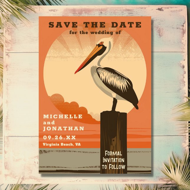 Reserva La Fecha Boda Retro Pelican Beach Moderna (Front - Modern Retro Pelican Beach Wedding Save The Date)
