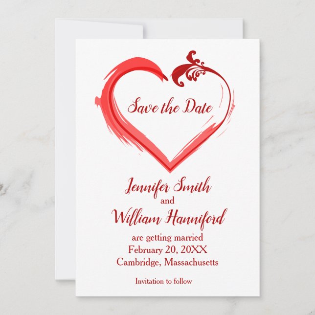 Reserva La Fecha Boda roja de Swoosh Heart Save the Date Cards (Anverso)