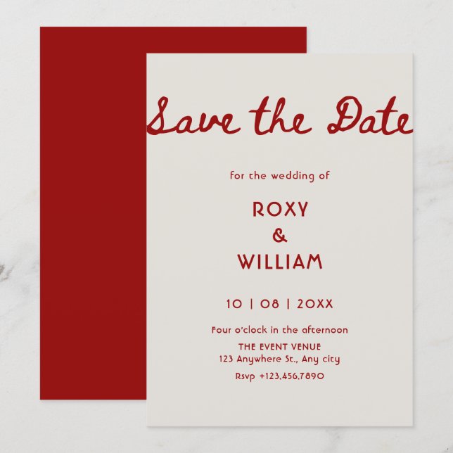 Reserva La Fecha Boda roja simple y elegante (Anverso / Reverso)