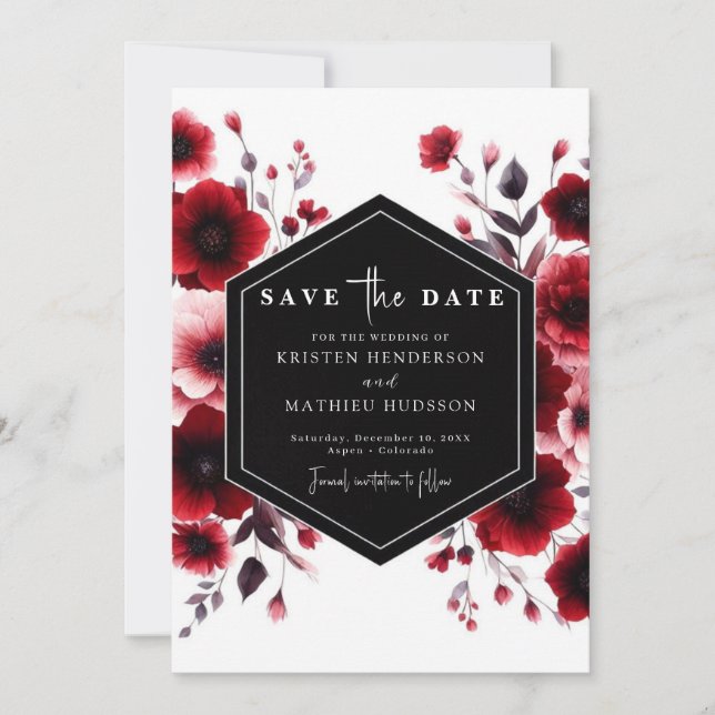 Reserva La Fecha Boda rojo elegante de Romance Crimson (Anverso)