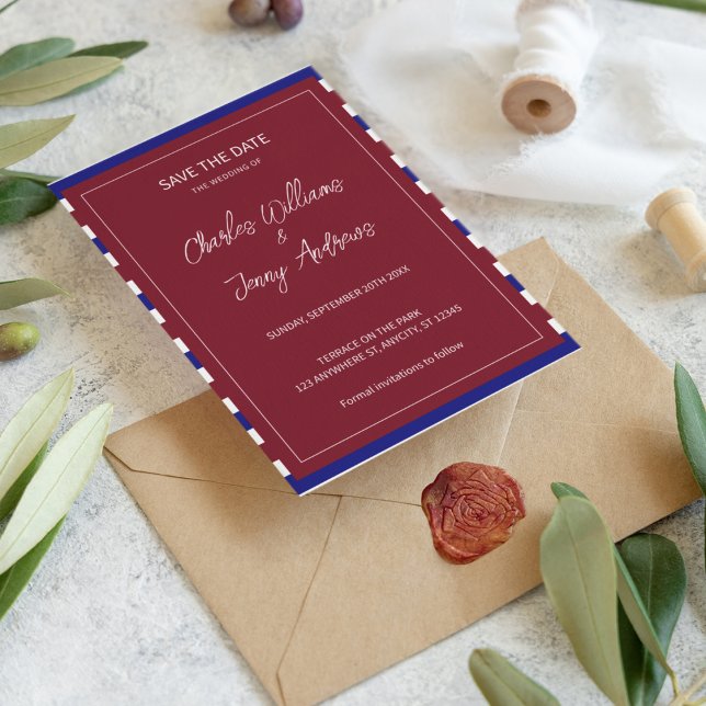 Reserva La Fecha Boda Rojo Real y Azul (Save my royal wedding date. Send this bright color save the date card to your family and friends.)