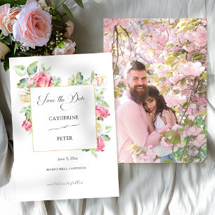 Reserva La Fecha Boda Romántica con Rosas de Acuarela Rosa Beige/Ma